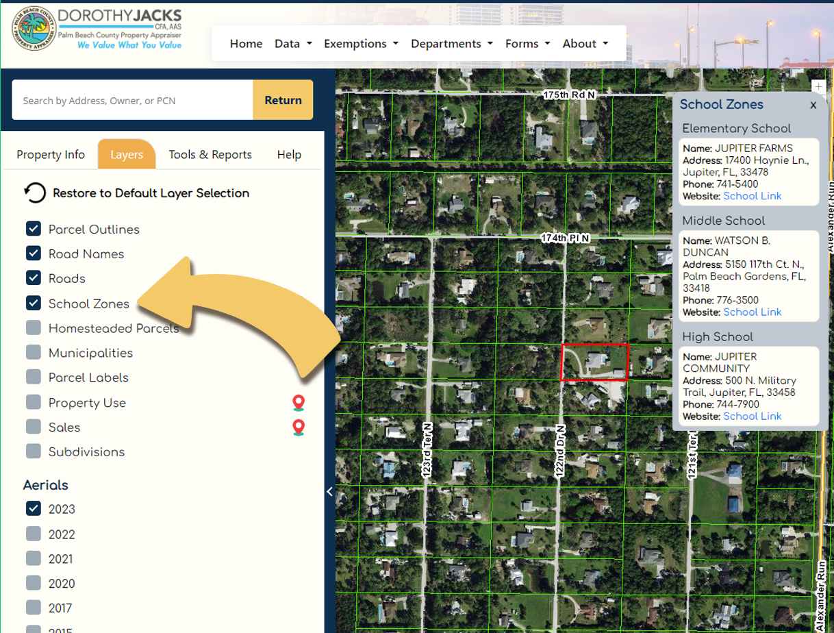 School zone layer on GIS map